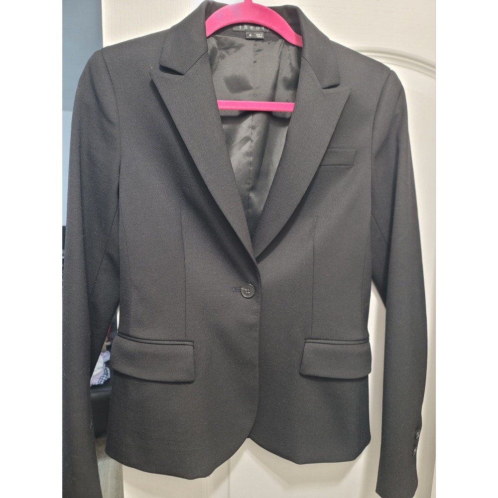 Theory Women's Gabe Black One Button Blazer Jacket Stretch Wool Size 4 - Picture 1 of 4